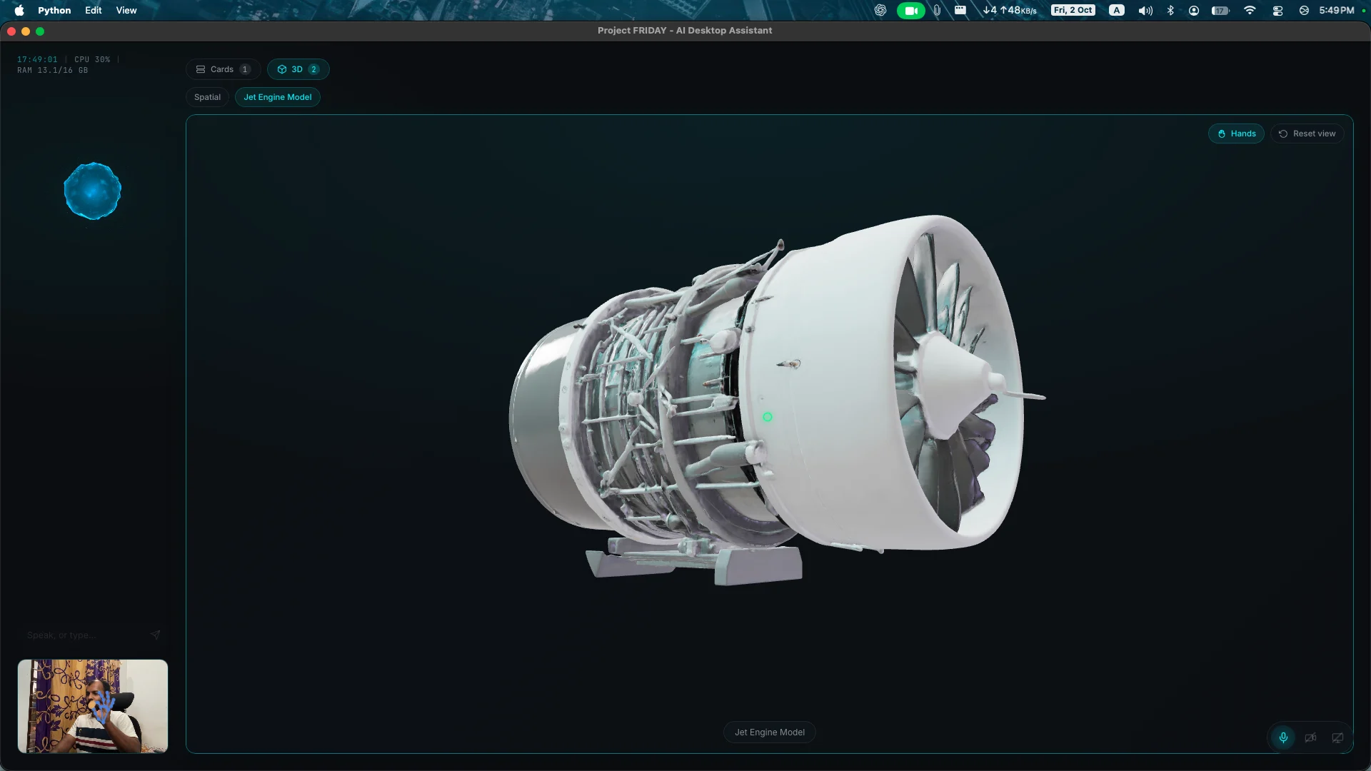 FRIDAY's desktop workspace displaying an interactive jet engine 3D model with hand gesture controls